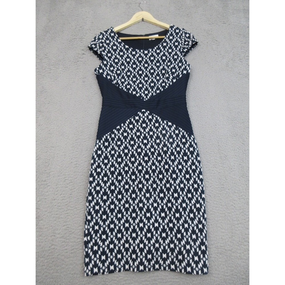 Beauport Dress Women S‎ Blue White Geometric Sheath Bodycon Classic Retro Office